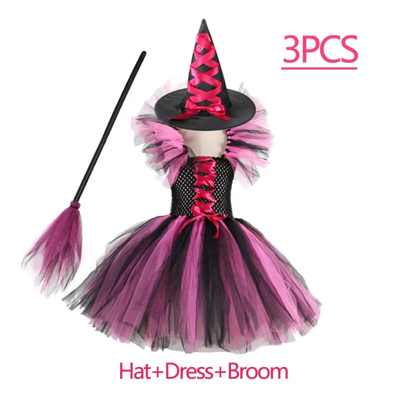 Girls Witch Halloween Costume 3 Color Tulle Tutu Dress With Pointed Hat Kids Carnival Party Cosplay Fancy Dress
