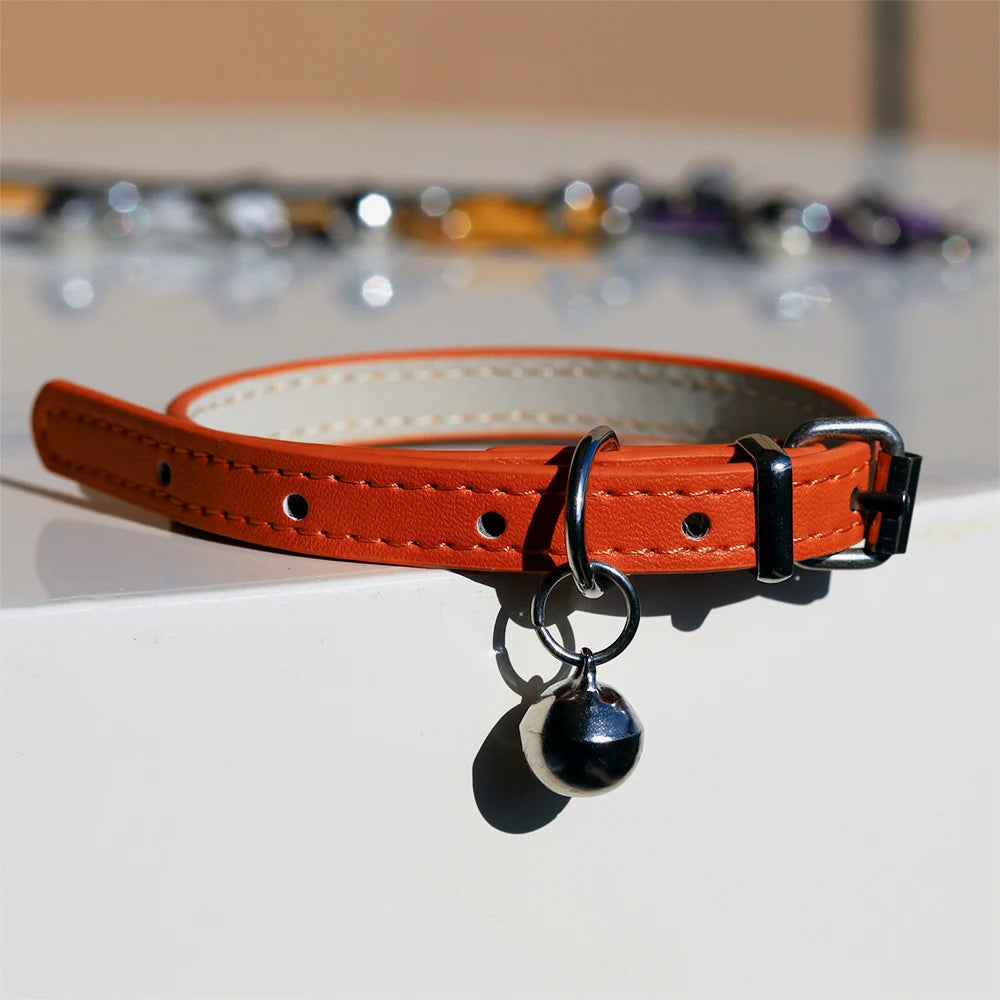 PU Leather Cat Collar Adjustable Soft Padded Pet Collar with Bell