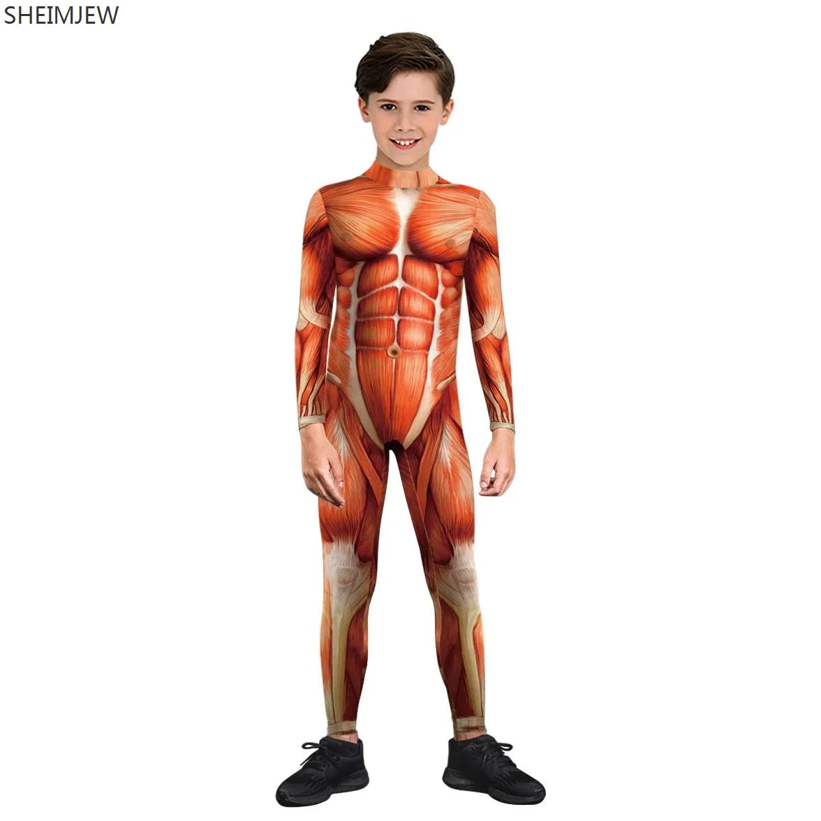 POP1 Children Punk Robot Cosplay Costumes Boys Girls Zentai Suit Muscle Skeleton Print Jumpsuit Halloween Party Kids Bodysuit