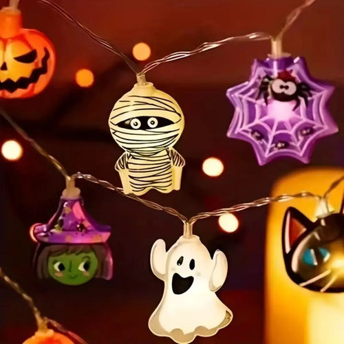 10/20 LED Halloween Battery Powered String Lights With Ghost Witch Cat Pumpkin Spider Web Skeleton Mummy Pirate Shape Indoor
