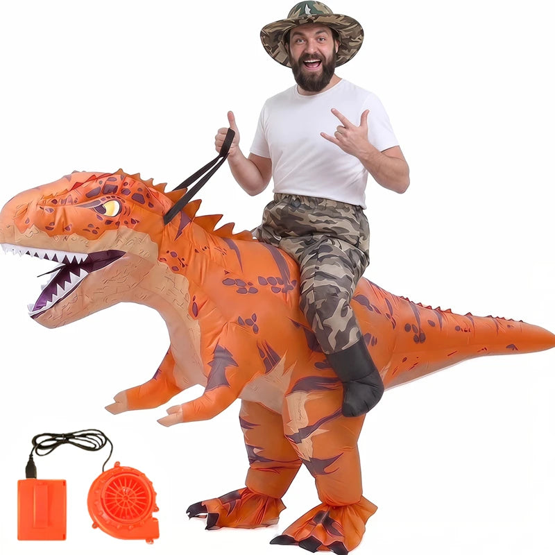 Ride on Camouflage T-Rex Inflatable Costume Adults Funny Dinosaur Rider Suit with Camo Hat Blower Fan Battery Halloween Party