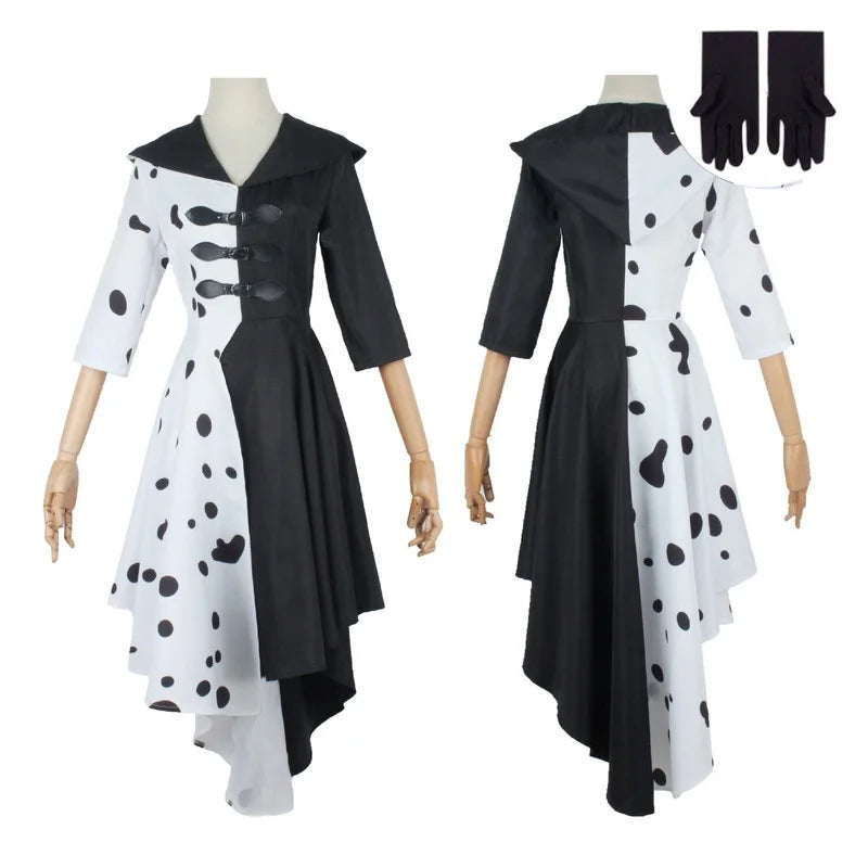 Adults Black White Witch Deville Cosplay Costume Dress for Women with Glove Halloween Party Cos Suits