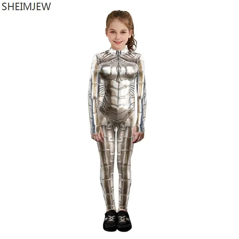 POP1 Children Punk Robot Cosplay Costumes Boys Girls Zentai Suit Muscle Skeleton Print Jumpsuit Halloween Party Kids Bodysuit