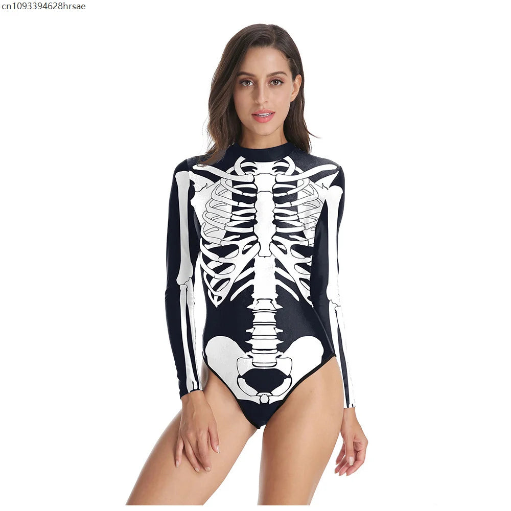 Halloween Stage Performance Clothing Sexy 3D Skull Punk Image Slim Comfortable Bodysuit Swimwear Swimsuit Cosplay Dress Up