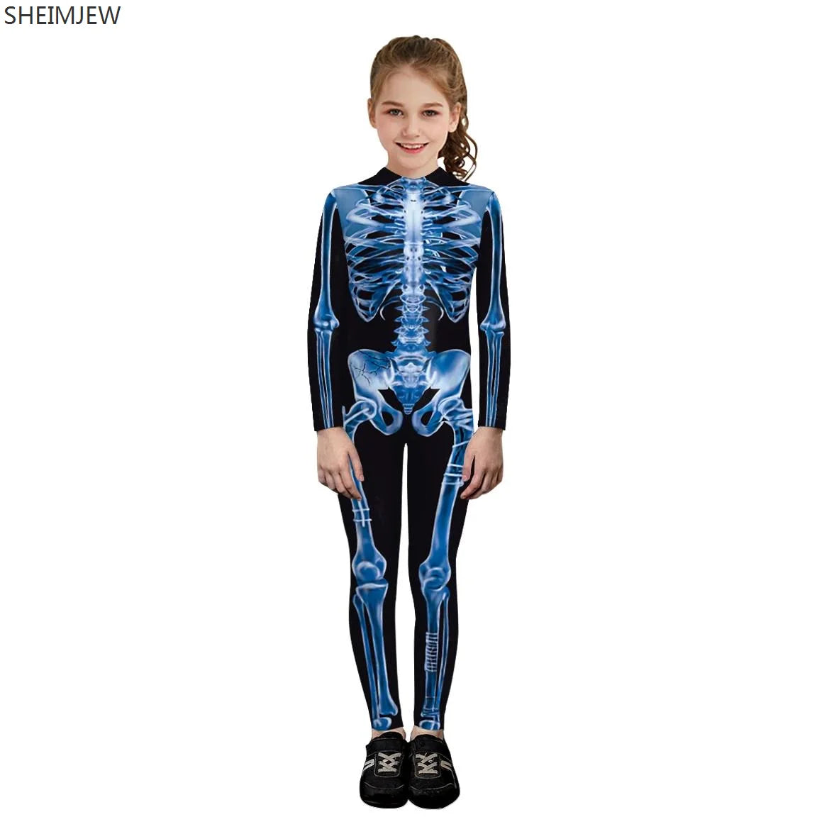 POP1 Children Punk Robot Cosplay Costumes Boys Girls Zentai Suit Muscle Skeleton Print Jumpsuit Halloween Party Kids Bodysuit