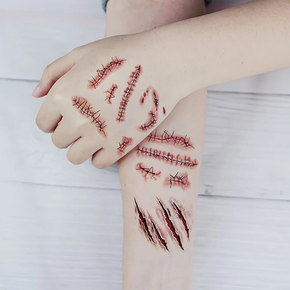 10 Sheets Halloween Terror Wound Temporary Tattoo Waterproof Realistic Blood Tattoos Injury Scar Tattoo Stickers For Face Hands