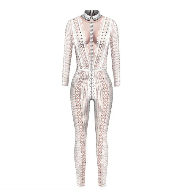 Women Skeleton Robot 3D Printing Bodysuit Zipper Back Halloween Costume Full Body Fall Jumpsuits for Women Wedding Guest