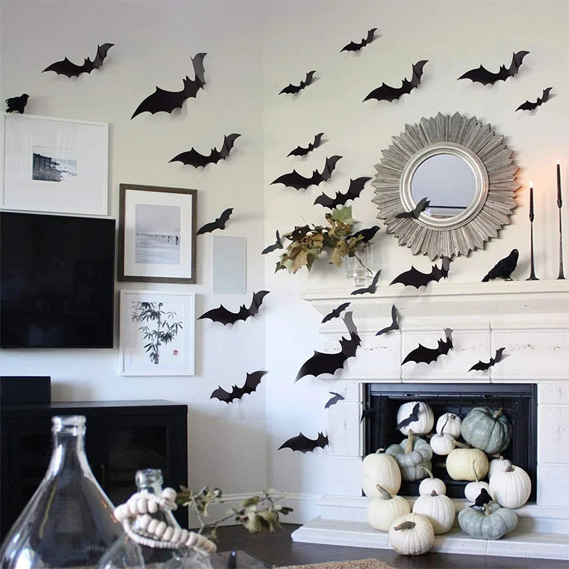 12Pcs/set Halloween 3D Black Bat Wall Stickers For Home Room Decoration Scary Props Kids Party Favors Wall Decals Window Sticker
