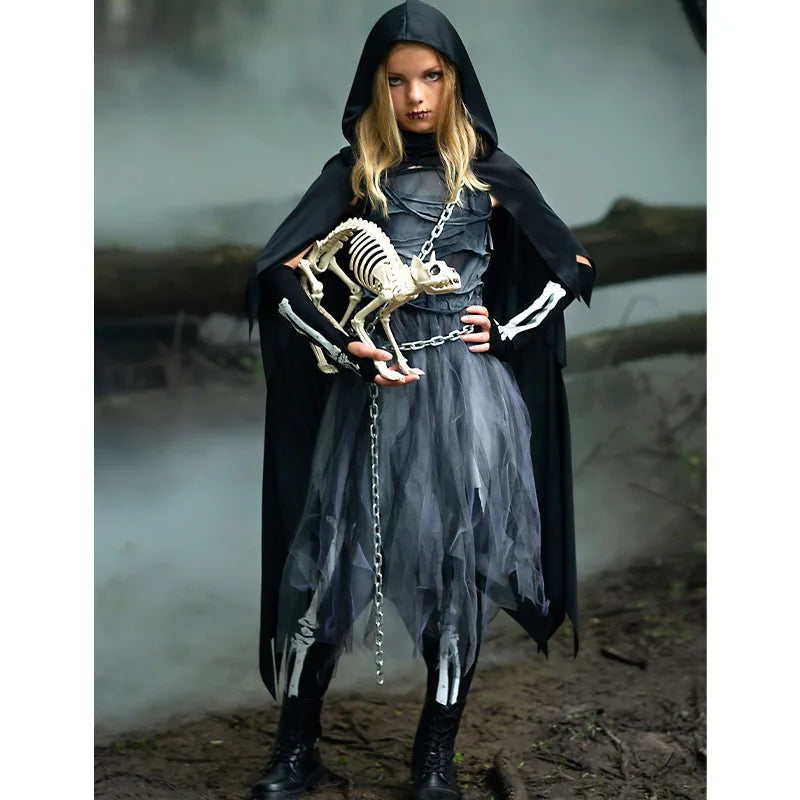 2025 New Arrival Child Girls Dark Skeleton Grim Reaper Halloween Fancy Dress Soul Taker Costume for Kids