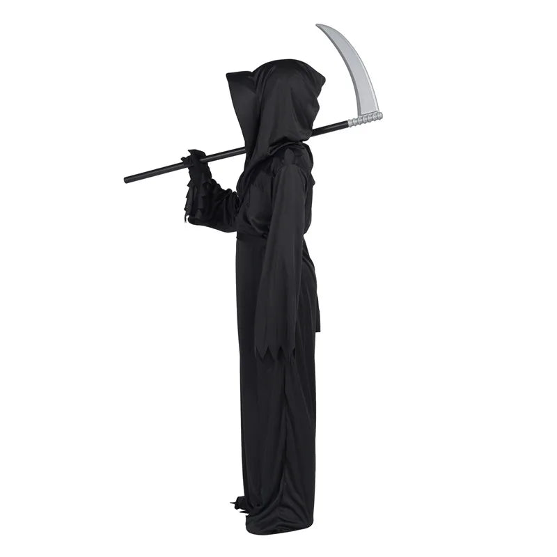 Child Black Red Devil Chain Costume Halloween Red Eye Grim Reaper Horror Play Costume Spooky Cos Robe Sickle Chain Gloves Props
