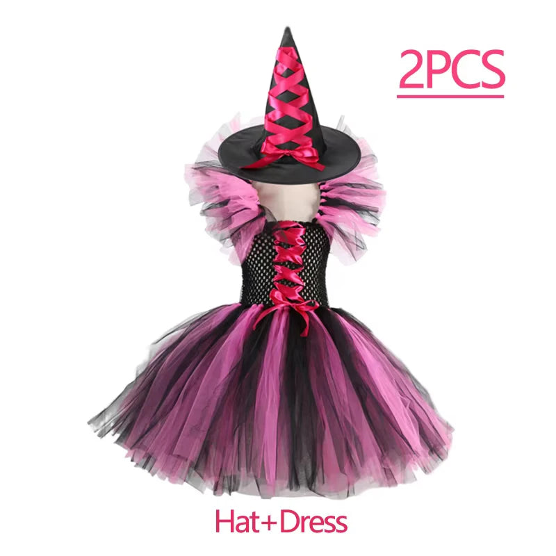 Girls Witch Halloween Costume 3 Color Tulle Tutu Dress With Pointed Hat Kids Carnival Party Cosplay Fancy Dress
