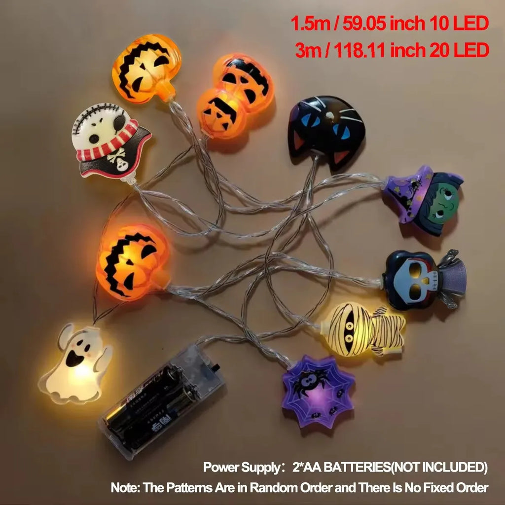 10/20 LED Halloween Battery Powered String Lights With Ghost Witch Cat Pumpkin Spider Web Skeleton Mummy Pirate Shape Indoor