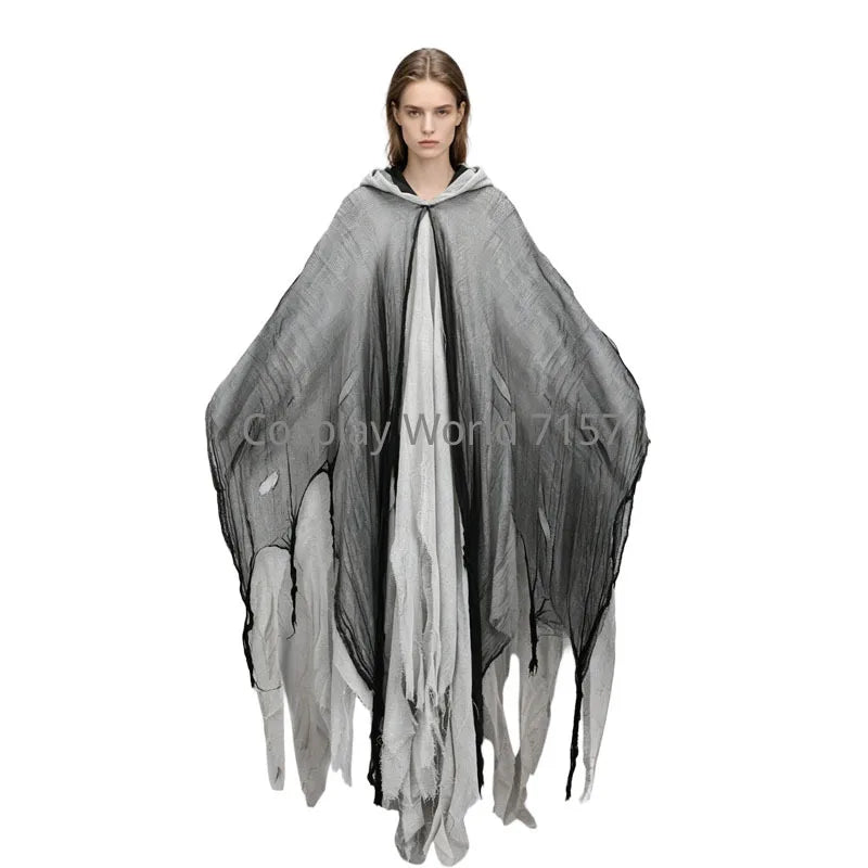 Adult Halloween Horror Reaper Costume Cloak Tattered Torn Gauze Hooded Ghost Cape, Scary Zombie Witch Wizard Robe Carnival Party