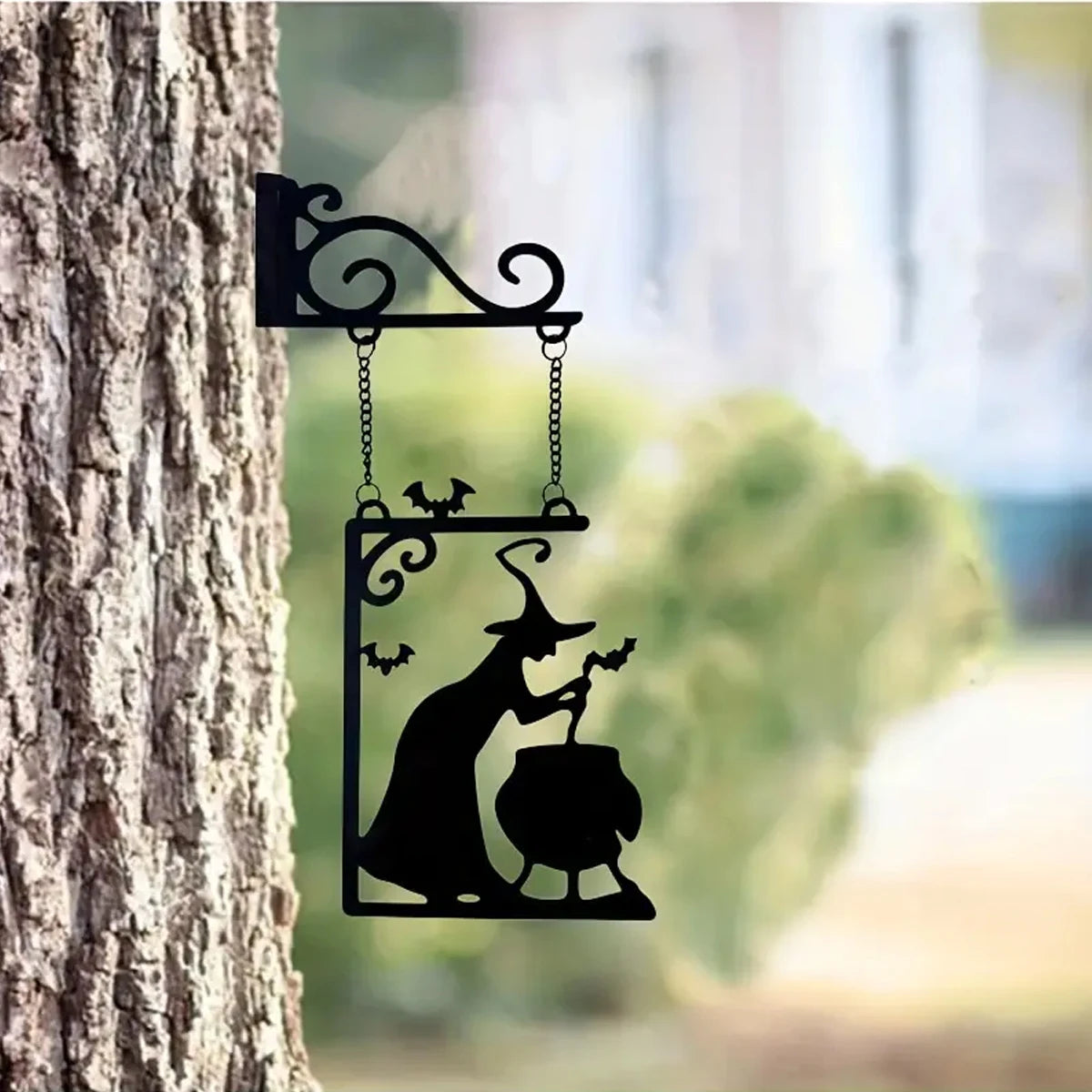 Halloween Witch Furnace Silhouette Metal Pendant for Party Door Decoration