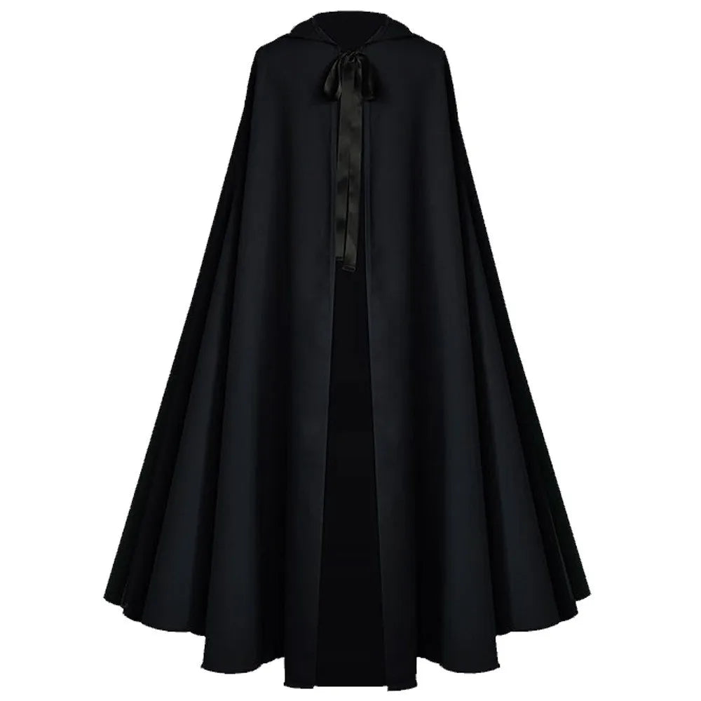 Hooded Single Cape with Full Skirt Literary Retro Patchwork Tribal Ethnic Maxi Length Long Dress Medieval Reaper Cosplay Cloak