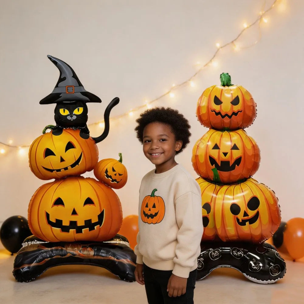 1PC Large 55-Inch Halloween Pumpkin Black Cats Aluminum Foil Balloons Standing Decoration Indoor Outdoor Halloween Party Decor