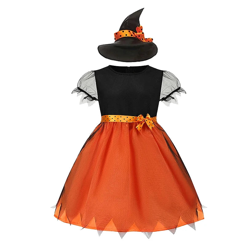 2-15Y Kids Halloween Witch Costume Girls Cosplay Dresses Halloween Pumpkin Clothes Baby Bat Party Cosplay Outfit Gift