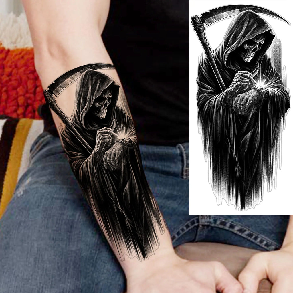 1 Sheet Evil Grim Reaper Skull Temporary Tattoos For Men Women Waterproof Fake Tattoos 3D Dragon Scorpion Warrior Tatoo Stickers