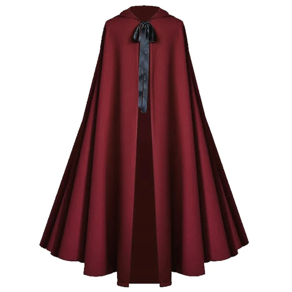 Hooded Single Cape with Full Skirt Literary Retro Patchwork Tribal Ethnic Maxi Length Long Dress Medieval Reaper Cosplay Cloak