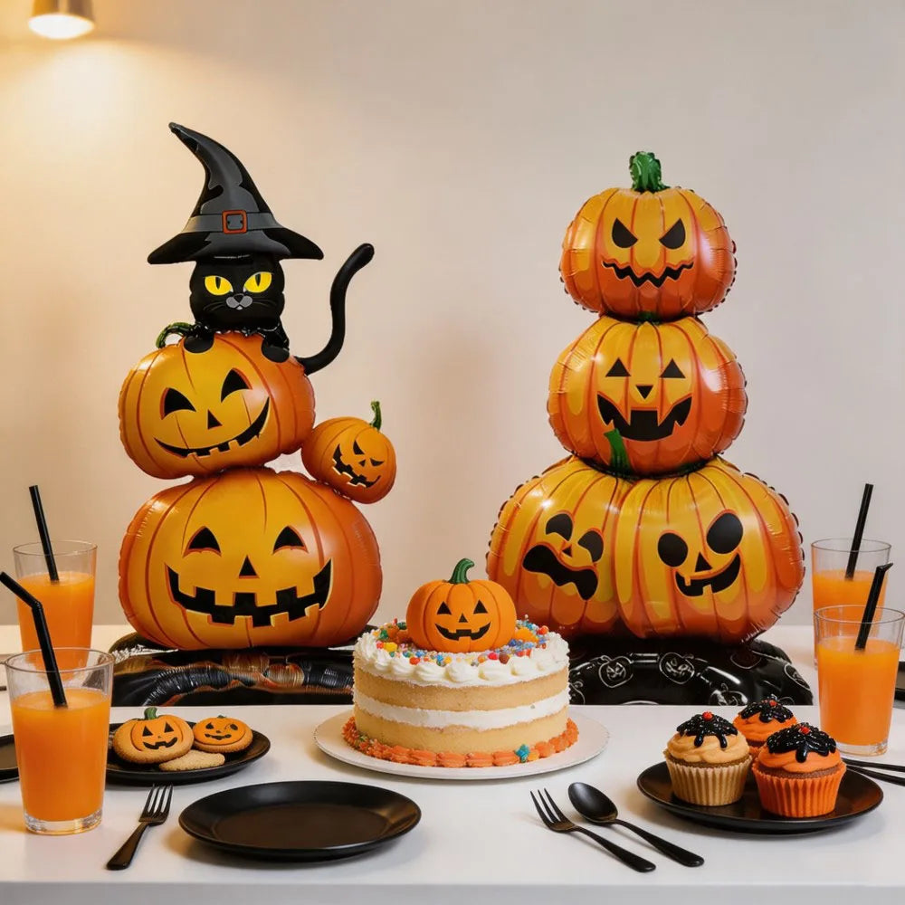 1PC Large 55-Inch Halloween Pumpkin Black Cats Aluminum Foil Balloons Standing Decoration Indoor Outdoor Halloween Party Decor