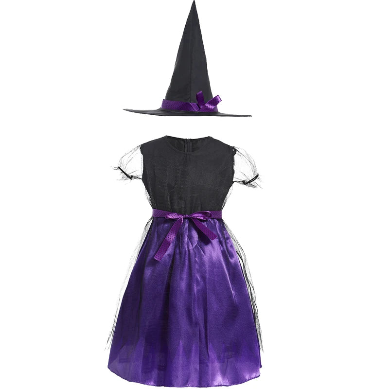 2-15Y Kids Halloween Witch Costume Girls Cosplay Dresses Halloween Pumpkin Clothes Baby Bat Party Cosplay Outfit Gift