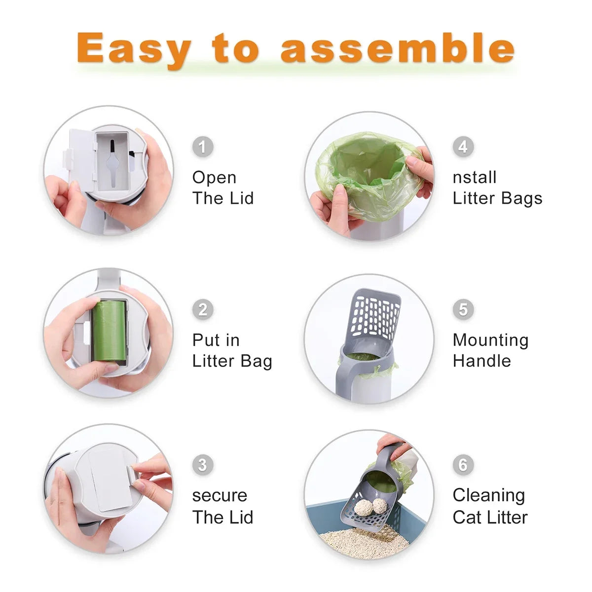 Detachable All in One Cat Litter Scooper Built in Bag Storage Portable Pet Cleaner Waste Bags Included for Indoor Cats Daily Use