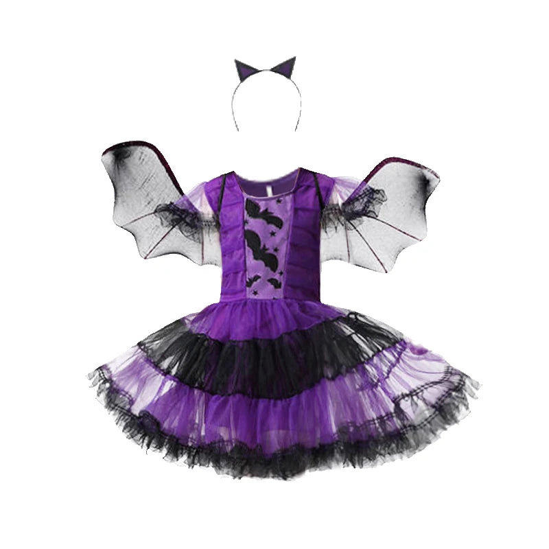 2-15Y Kids Halloween Witch Costume Girls Cosplay Dresses Halloween Pumpkin Clothes Baby Bat Party Cosplay Outfit Gift