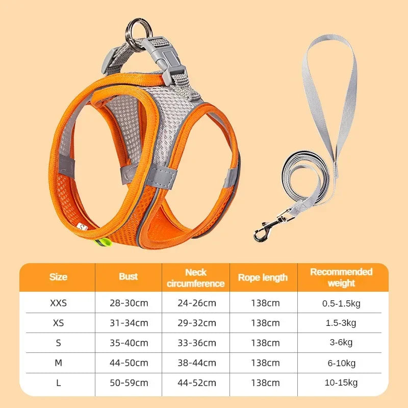 Small Dog Harness – Adjustable Reflective Vest with 1.5m Leash