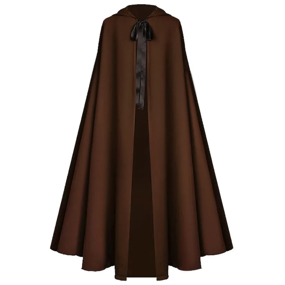 Hooded Single Cape with Full Skirt Literary Retro Patchwork Tribal Ethnic Maxi Length Long Dress Medieval Reaper Cosplay Cloak