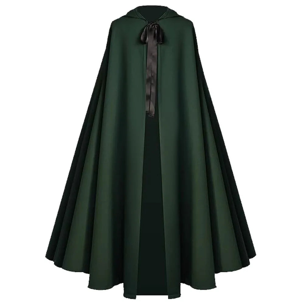 Hooded Single Cape with Full Skirt Literary Retro Patchwork Tribal Ethnic Maxi Length Long Dress Medieval Reaper Cosplay Cloak