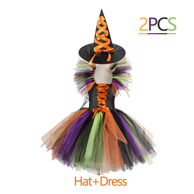 Girls Witch Halloween Costume 3 Color Tulle Tutu Dress With Pointed Hat Kids Carnival Party Cosplay Fancy Dress