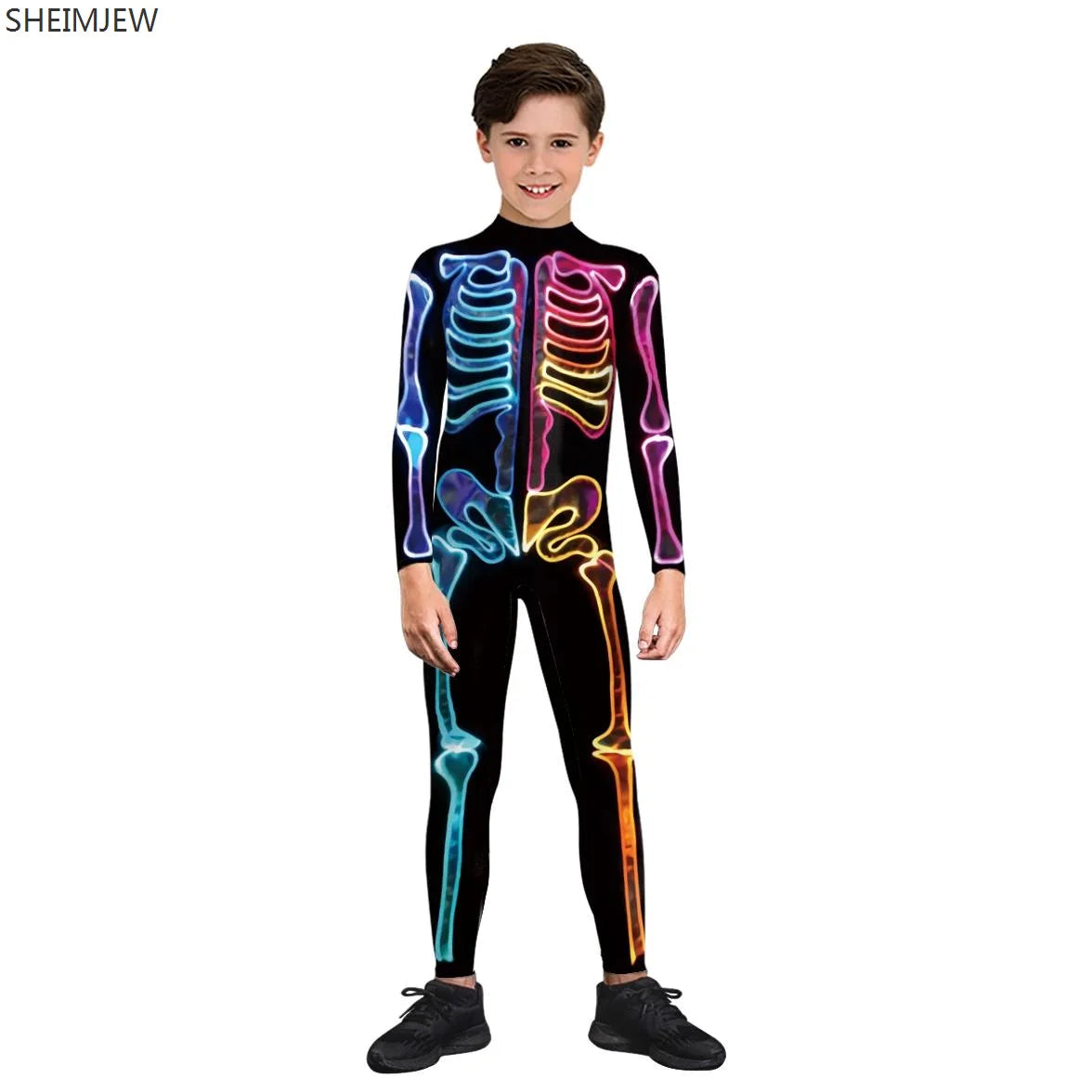 POP1 Children Punk Robot Cosplay Costumes Boys Girls Zentai Suit Muscle Skeleton Print Jumpsuit Halloween Party Kids Bodysuit