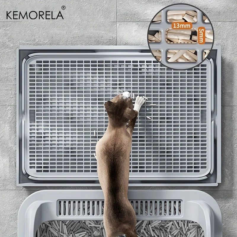 KEMORELA EXtra Large Stainless Steel Cat Litter Box with Lid - Enclosed LitterPan High-Sided Resistant Leak-Proof Cat Litter Mat