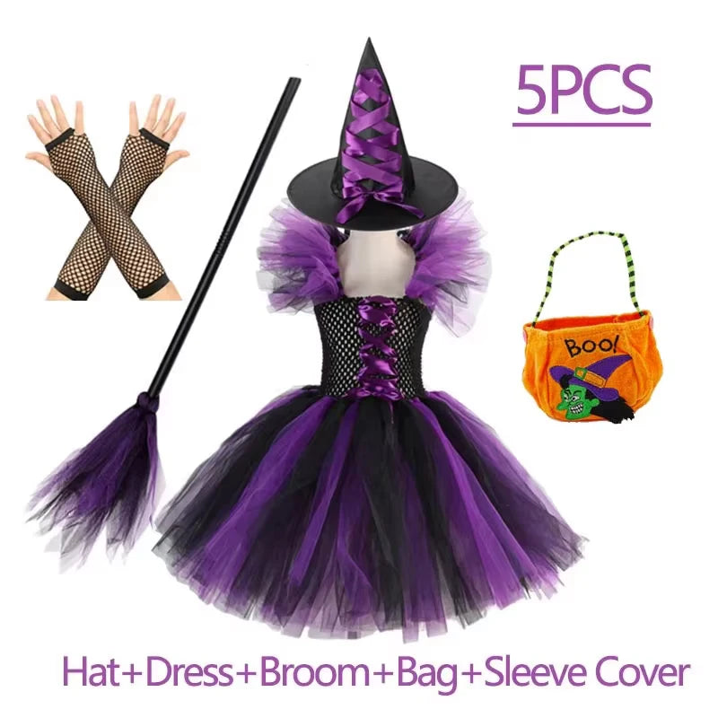 Girls Witch Halloween Costume 3 Color Tulle Tutu Dress With Pointed Hat Kids Carnival Party Cosplay Fancy Dress