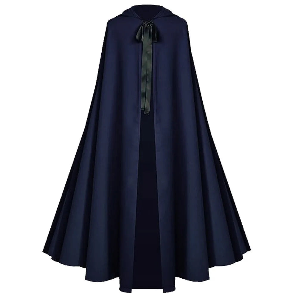 Hooded Single Cape with Full Skirt Literary Retro Patchwork Tribal Ethnic Maxi Length Long Dress Medieval Reaper Cosplay Cloak