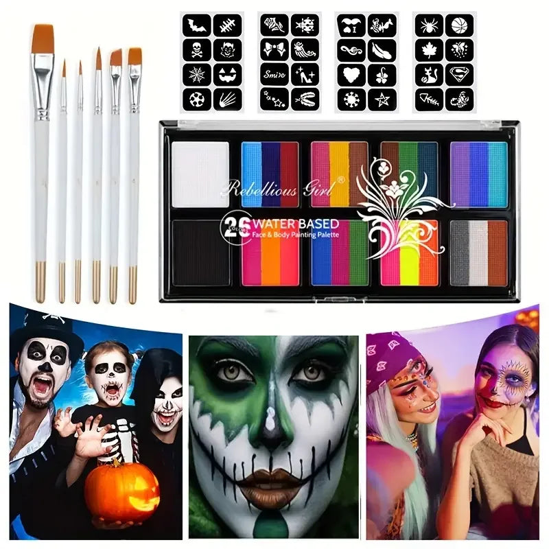 26 Colors Body Paint Set with Brushes and Stickers Water-Soluble UV Luminous Face Body Paint Art for Stage Performances Makeup