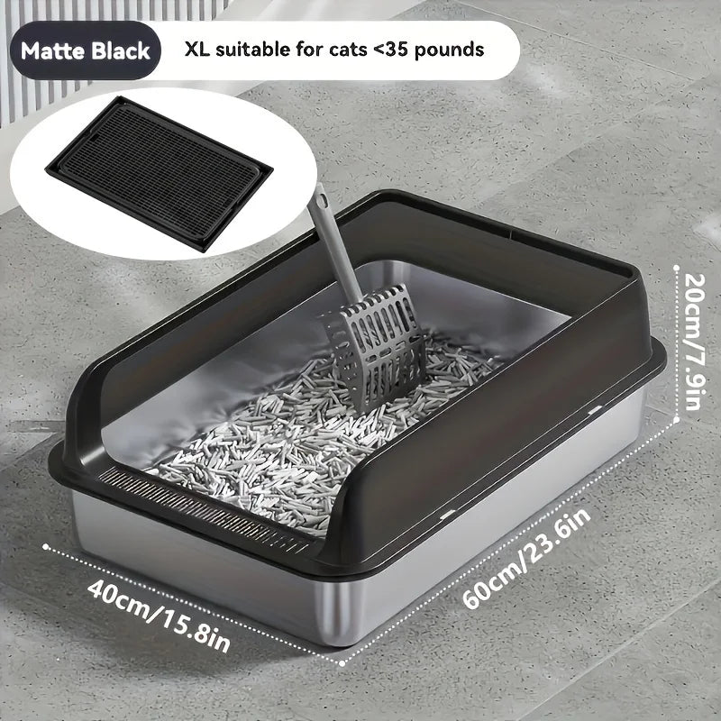 KEMORELA EXtra Large Stainless Steel Cat Litter Box with Lid - Enclosed LitterPan High-Sided Resistant Leak-Proof Cat Litter Mat