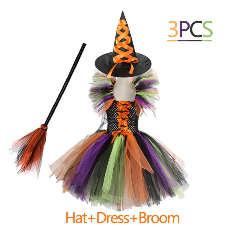 Girls Witch Halloween Costume 3 Color Tulle Tutu Dress With Pointed Hat Kids Carnival Party Cosplay Fancy Dress