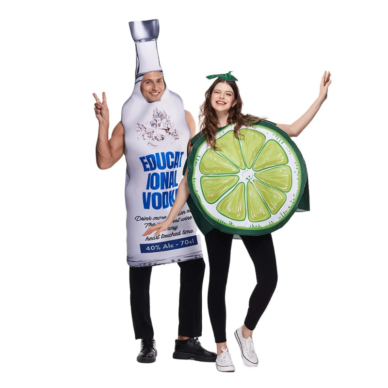 2 Pcs Couples Adults Vodka Bottle and Lime Slice Drink Suit Halloween Costumes Women and Men Food Drinks Party Cosplay Carnival