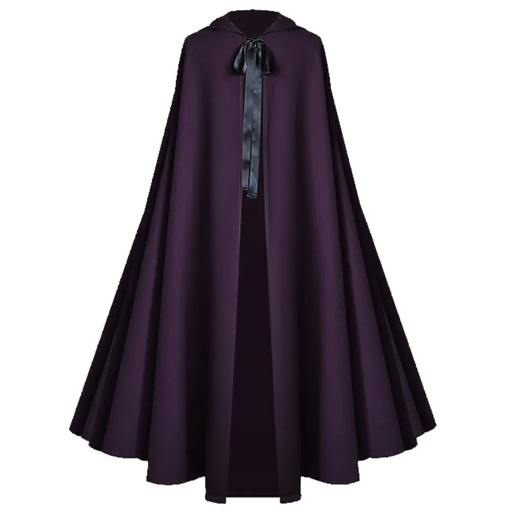 Hooded Single Cape with Full Skirt Literary Retro Patchwork Tribal Ethnic Maxi Length Long Dress Medieval Reaper Cosplay Cloak
