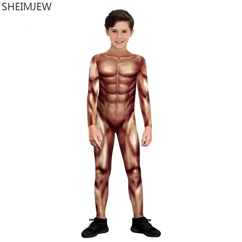 POP1 Children Punk Robot Cosplay Costumes Boys Girls Zentai Suit Muscle Skeleton Print Jumpsuit Halloween Party Kids Bodysuit
