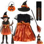 2-15Y Kids Halloween Witch Costume Girls Cosplay Dresses Halloween Pumpkin Clothes Baby Bat Party Cosplay Outfit Gift