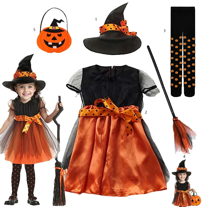 2-15Y Kids Halloween Witch Costume Girls Cosplay Dresses Halloween Pumpkin Clothes Baby Bat Party Cosplay Outfit Gift