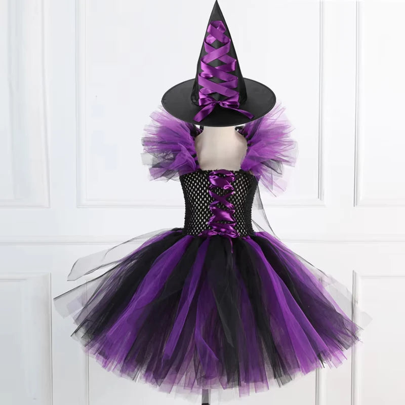 Girls Witch Halloween Costume 3 Color Tulle Tutu Dress With Pointed Hat Kids Carnival Party Cosplay Fancy Dress