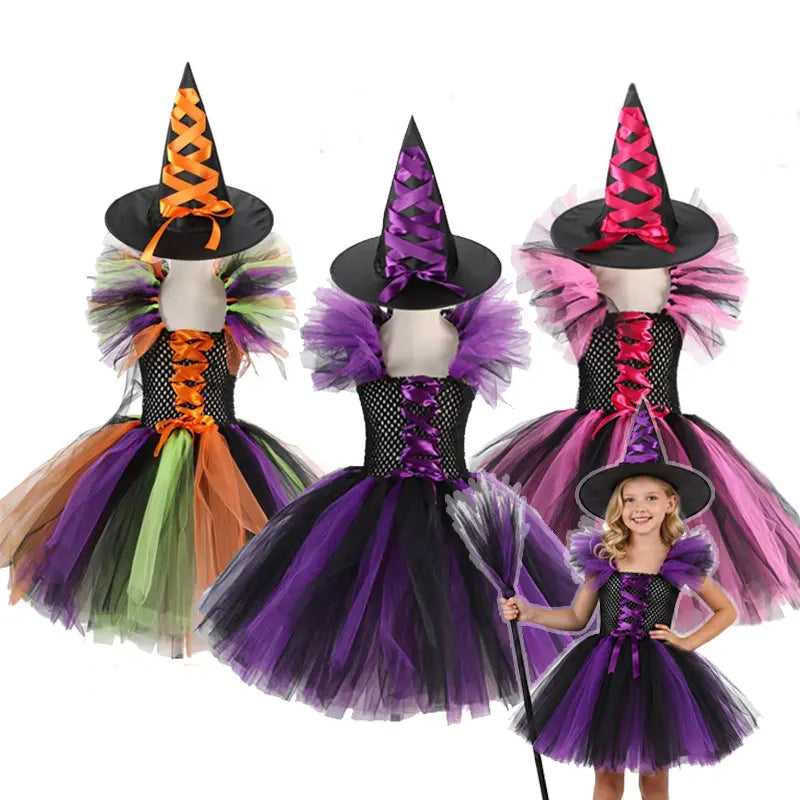 Girls Witch Halloween Costume 3 Color Tulle Tutu Dress With Pointed Hat Kids Carnival Party Cosplay Fancy Dress