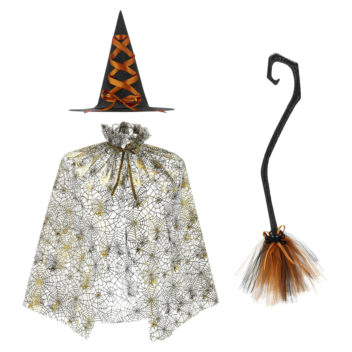 Halloween Witch Cloak Set Spider Web Sheer Mesh Cape Hat and Broom Set for Kids Boys Girls Appliques Feathers Animal