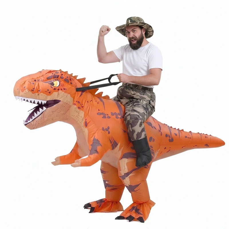 Ride on Camouflage T-Rex Inflatable Costume Adults Funny Dinosaur Rider Suit with Camo Hat Blower Fan Battery Halloween Party