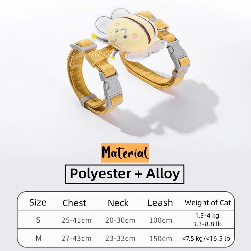 Cat Harness and Leash Set Adjustable Bee Design for Walking