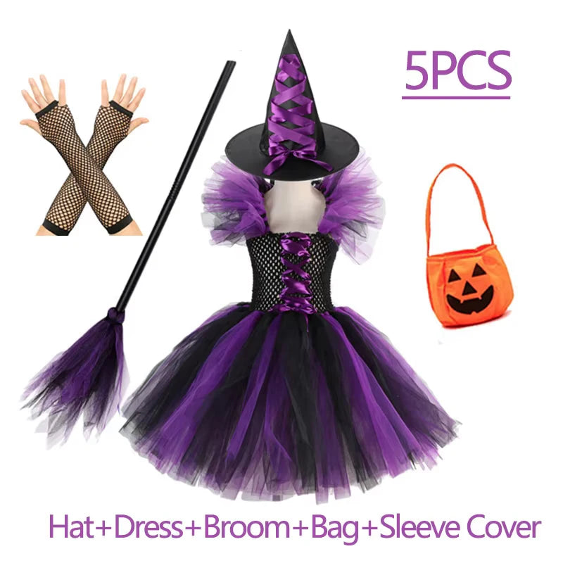 Girls Witch Halloween Costume 3 Color Tulle Tutu Dress With Pointed Hat Kids Carnival Party Cosplay Fancy Dress