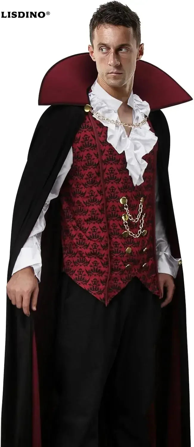 Adult Men Devil Vampire Costume Shirt Cloak Outfit Medieval Renaissance Victorian Gothic Halloween Cosplay Long Cape